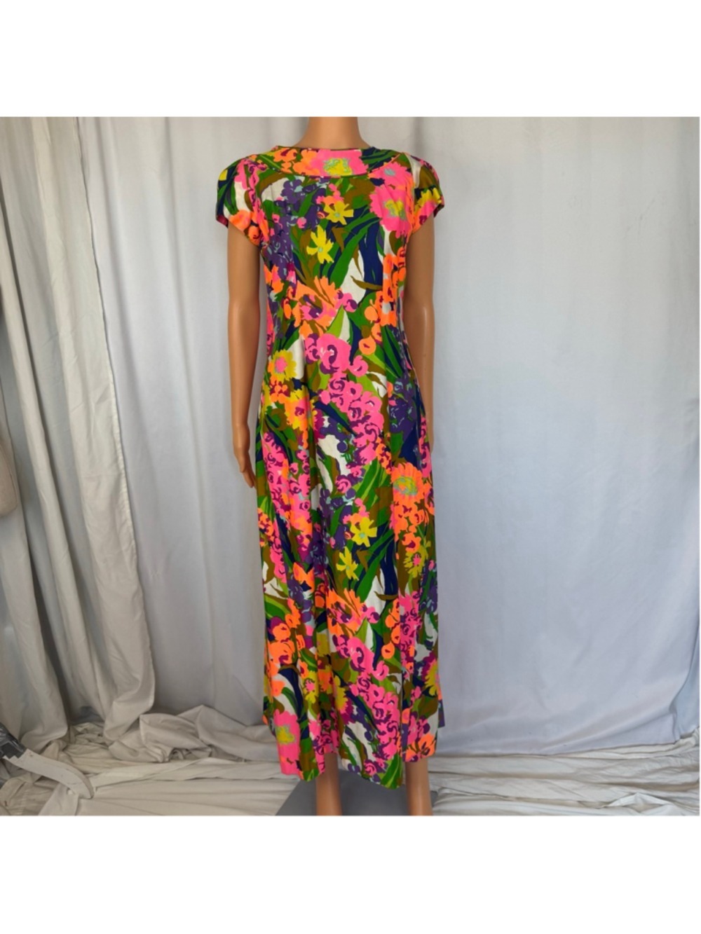 Vintage 60s Stan Hicks Psychedelic Tiki Maxi Dress Tropical Hawaiian Muumuu S-XS